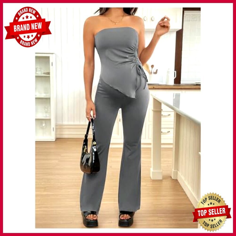 Maternity Two-Piece Set with Ruched Tube Top and Flared Pants - Picture 6 of 6